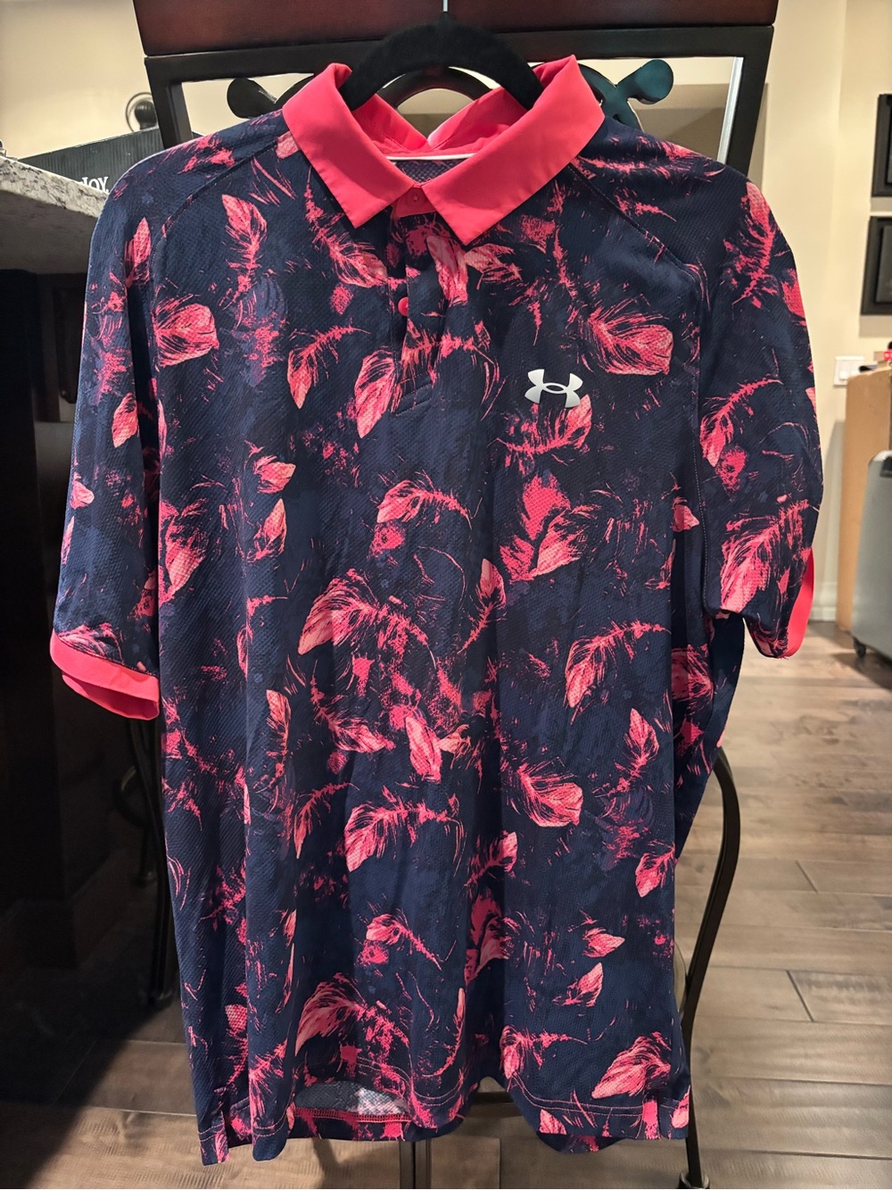 Under Armour Men’s Navy Polo with Bright Pink Floral Accent